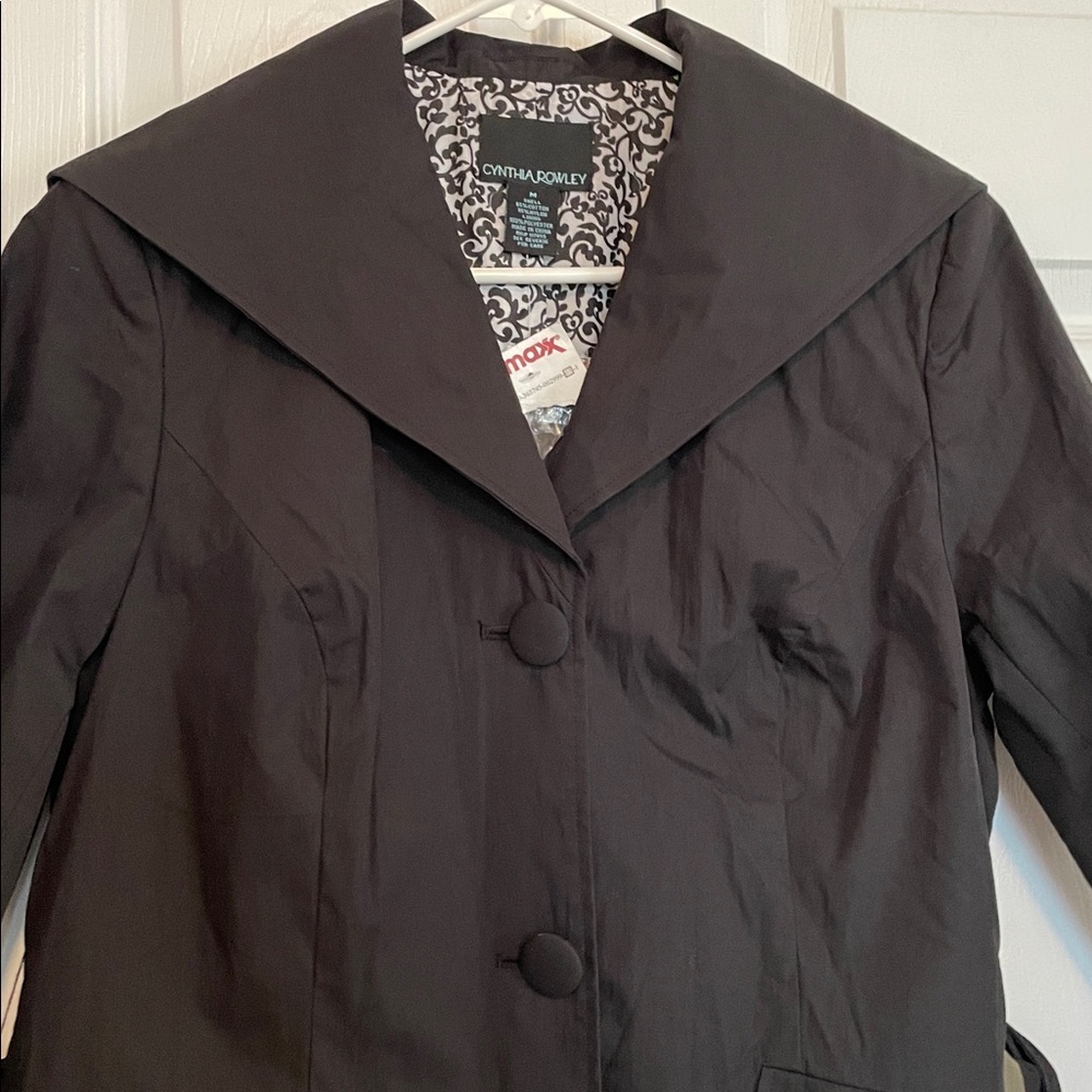 NWT Cynthia Rowley M Black Belted Trench Coat 3/4 sleeves. Shawl collar, pockets - Picture 3 of 10